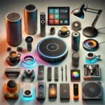 DALL·E 2024-12-13 14.40.40 - A vibrant and modern flat-lay image showcasing the top 10 must-have gadgets for a home in 2024. The gadgets include a sleek smart speaker, a robotic v